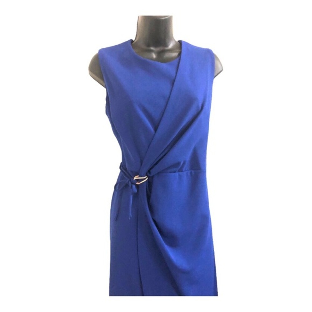 Calvin Klein royal blue buckled waist tie wrap sleeveless sheath dress size 14